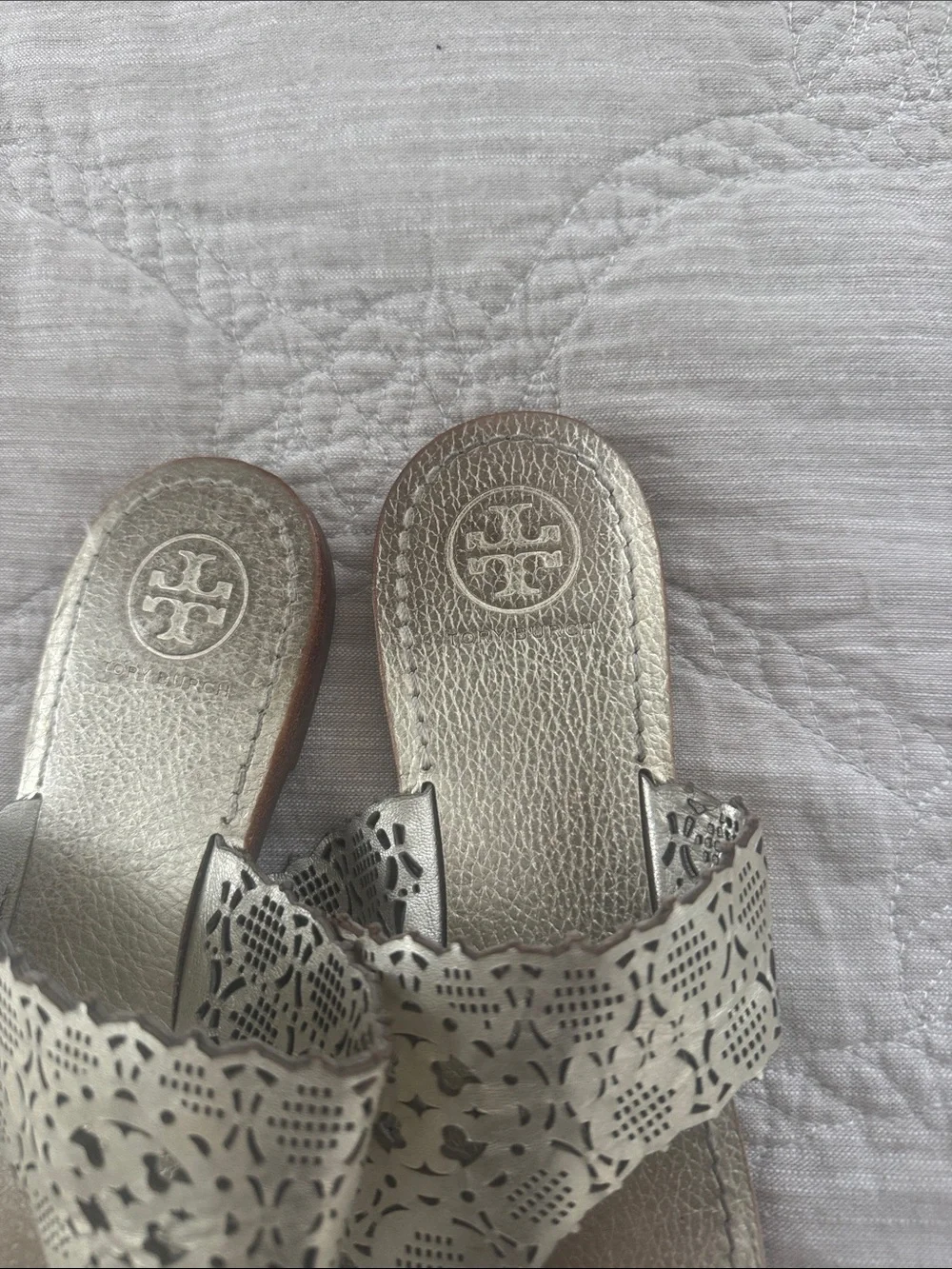 Tory Burch Metallic Gold Laser-Cut Thong Sandals